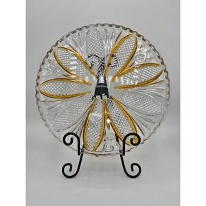 Bohemian Crystal Diamond Cut Footed‎ Cake Plate Orange & Clear Vintage